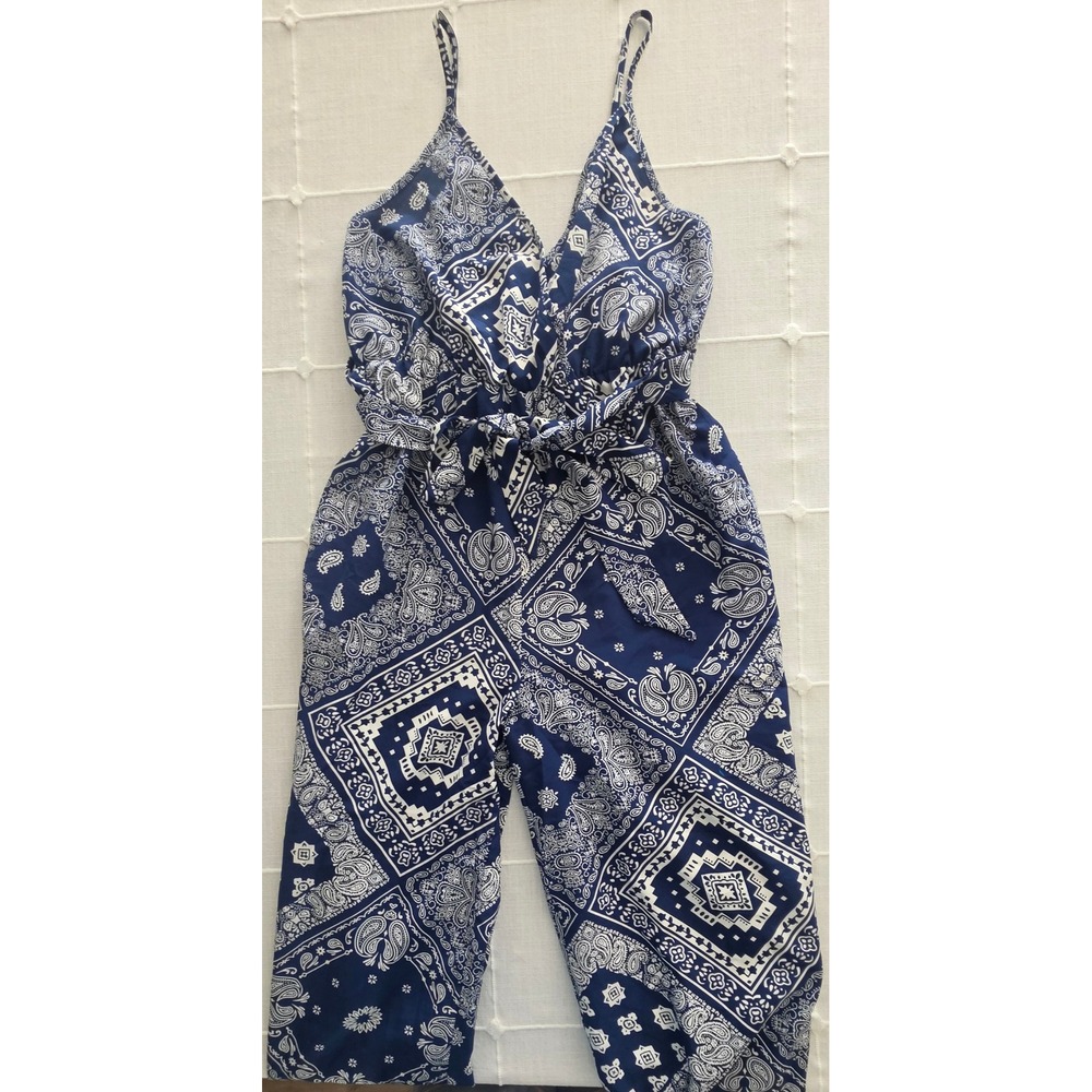 SHEIN Blue White Paisley Bandana Print Wide Leg Jumpsuit Sleeveless V-Neck Large